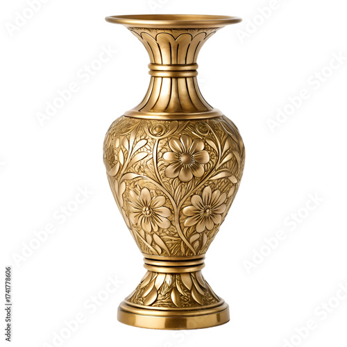 Ornate Golden Vase with Detailed Floral Embossing and Fluted Neck embossed