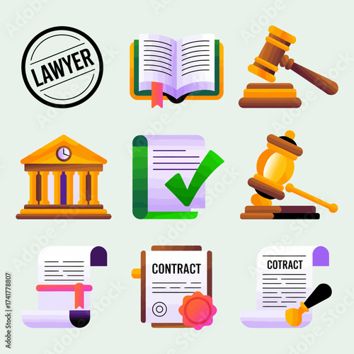 Legal Profession Elements: A collection of icons representing essential elements of the legal profession, showcasing the tools and symbols associated with law and justice.