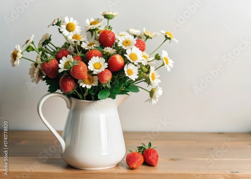 Wallpaper Mural Bouquet of feverfew flowers in a white pitcher with strawberries on a table Torontodigital.ca