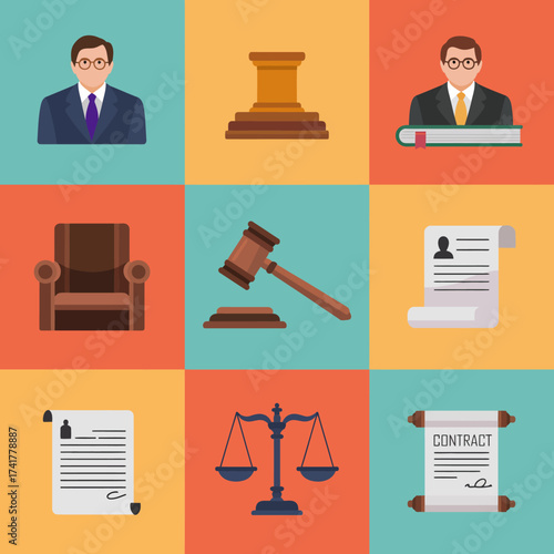 Legal System Essentials: A vibrant display of legal symbols and figures, including a judge, gavel, and scales of justice, representing the core elements of the justice system.