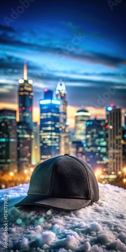 A sleek black winter cap sits atop a snowy hill