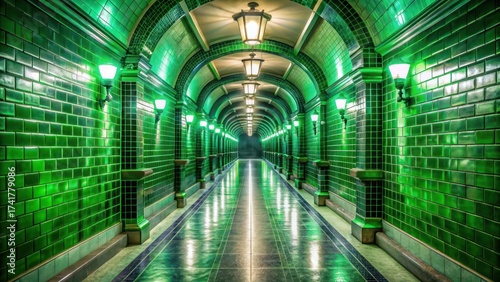 Narrow corridor lined with vibrant green tiles