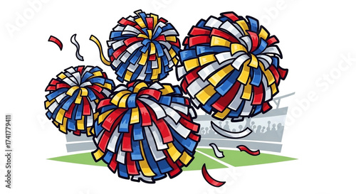 Illustration of colorful pompoms isolated on white background, perfect for representing school spirit, cheerleading, and team support