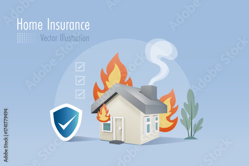 Burning house on fire with fire insurance shield to protect from disaster and fire. Home and property insurance concept. Vector.