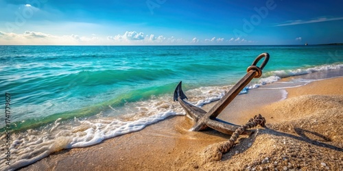 weathered wooden anchor partially submerged in the rough turquoise sea shore with silvery sand and pebbles scattered around it