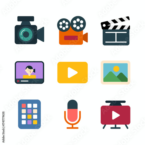 Nine flat design icons for multimedia, video, and content creation with a modern aesthetic video camera