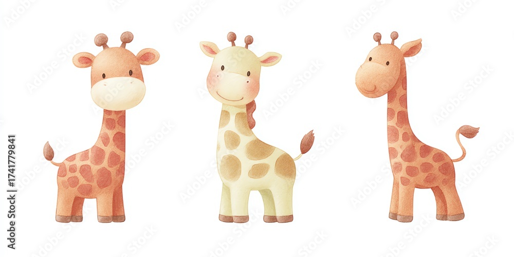 Naklejka premium A charming illustration featuring three cartoon giraffes against a plain backdrop.