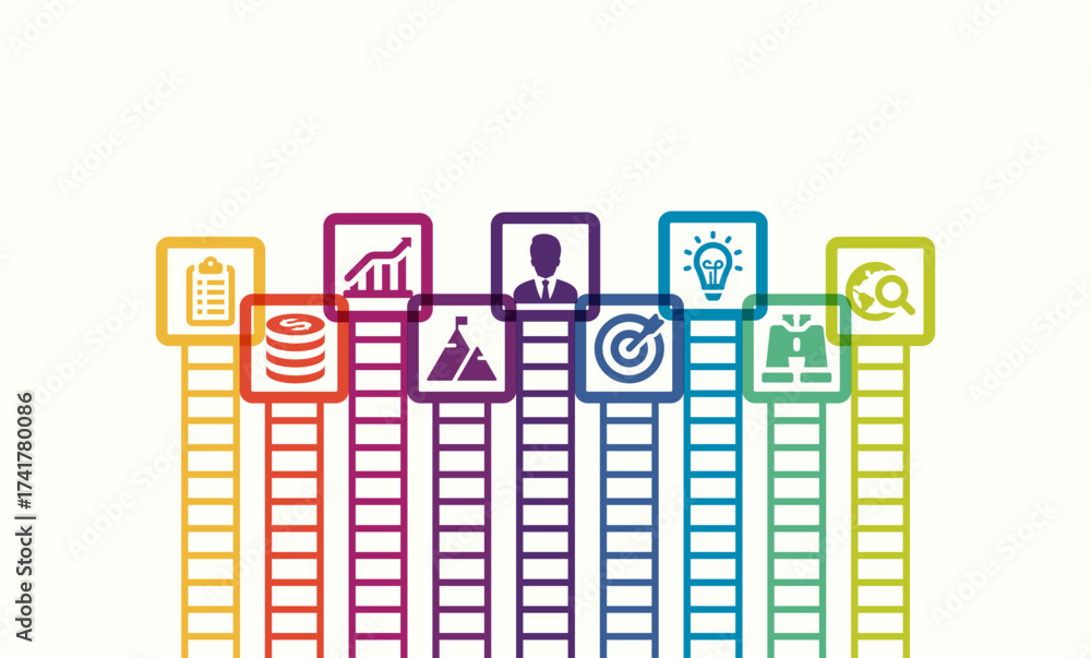 Obraz premium Colorful ladders infographic with business icons for idea, planning, research, growth, target, leadership, finance, and management representing success strategy.