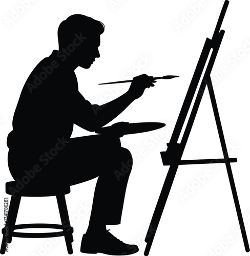 Artist painting on easel silhouette brush palette