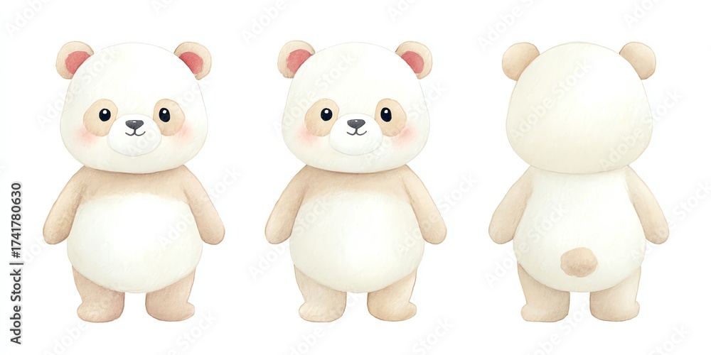 Fototapeta premium Triple the Cuteness A charming, soft panda plush toy presented in multiple views.