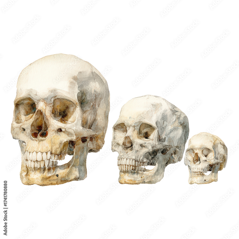 Obraz premium Three human skulls of varying sizes isolated on a transparent background