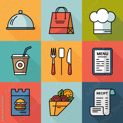 Set of Food Service and Dining Icons with Takeaway and Menu Elements vector illustration
