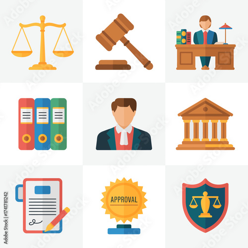Set of Law and Justice Icons with Simple Flat Design legal court
