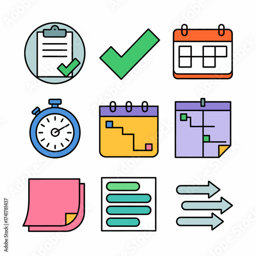 Set of nine flat design icons for planning and time management Keywords: planning, time management, checklist, checkmark, calendar, schedule, stopwatch, timer, timeline, project management, sticky