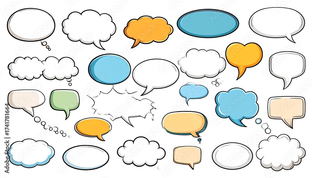 Fototapeta premium Collection of Colorful Cartoon Speech Bubbles, Comic Elements on White Background