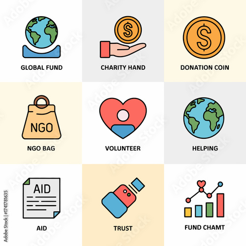 Set of nine flat design icons representing charity, aid, and global support concepts global fund charity hand