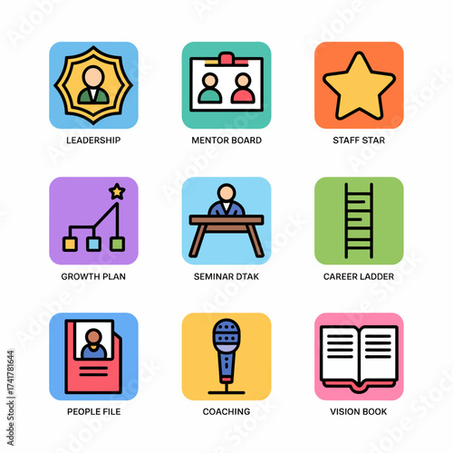 Set of nine flat design icons representing business, career, and personal development concepts leadership