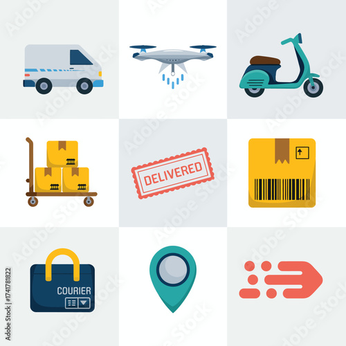 Shipping and Courier Service Icons with " Delivered" Stamp delivery logistics