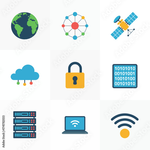 Technology and Networking Icons Set with Globe Cloud Lock and Satellite internet connection