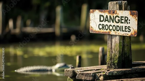 A rustic sign warns of crocodiles near a calm water body.
