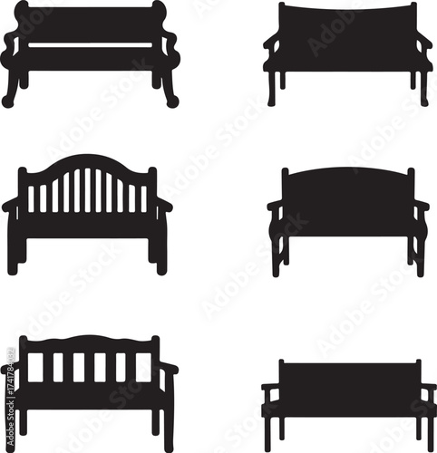 Six black silhouette park benches on white background