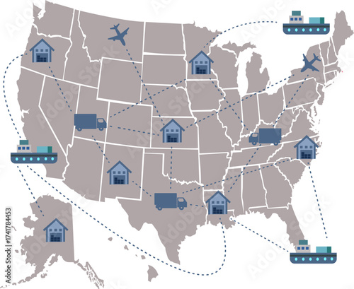 Flat vector map of America with logistics and trade icons, shipping routes, truck, airplane, and cargo elements