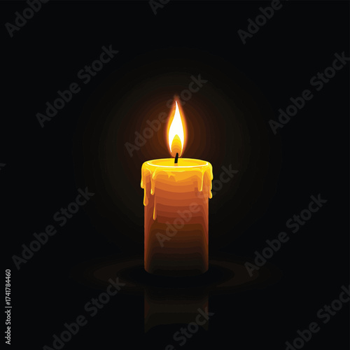 Single candle burning in darkness with warm glowing flame, symbol of hope, faith, and inner light on black background , vector style simple color