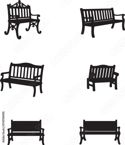 Six black silhouette park benches on white background