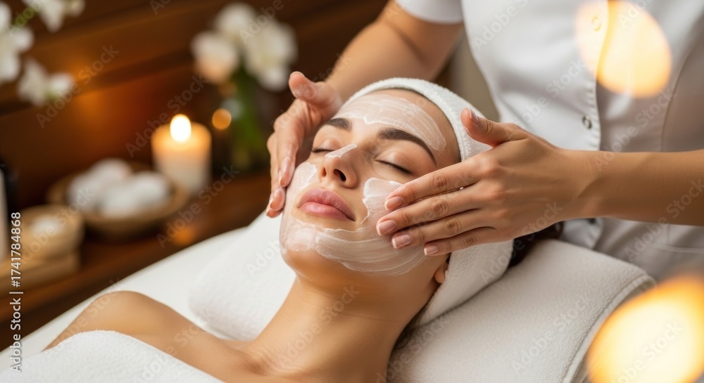 custom made wallpaper toronto digitalClose-up of a woman receiving a serene facial treatment with a white mask applied by expert hands in a warm spa
