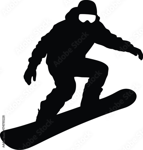 Black silhouette of snowboarder in action white