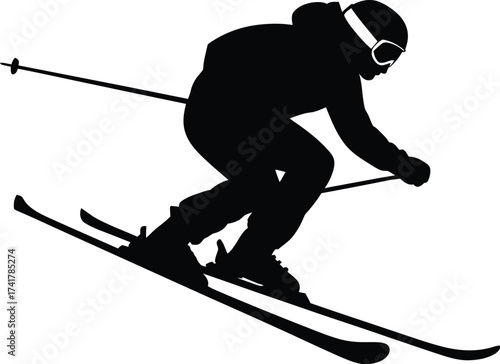 Black silhouette of skier in motion skiing snow