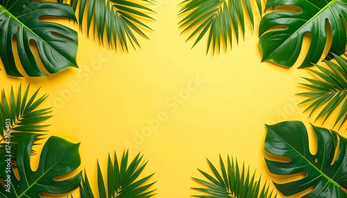 Green tropical leaves border on a yellow background