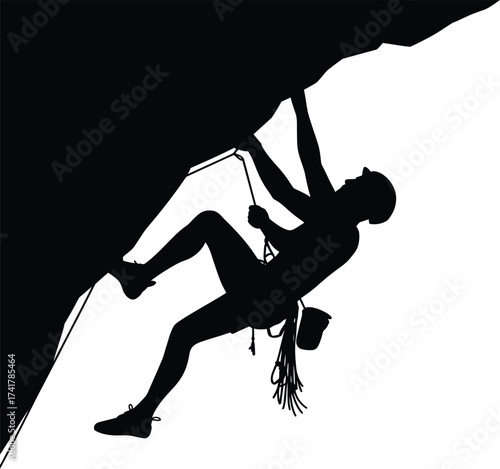 Black silhouette of climber on rock face climbing rock climbing