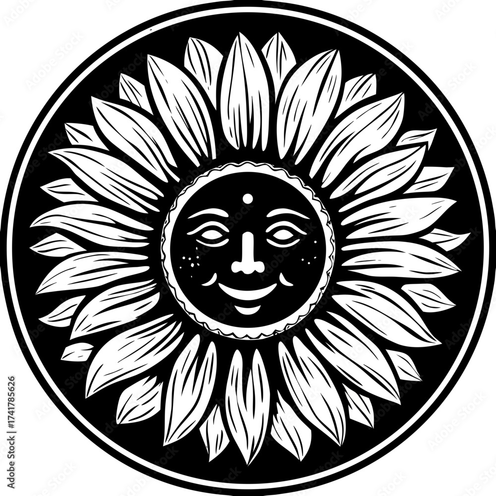 Obraz premium Vector illustration of Lord Ganesha head with sun crown, tribal skull art, and native warrior shield design logo