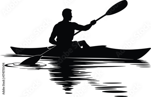 Man paddling kayak on water silhouette vector