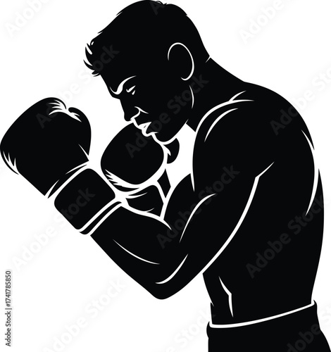 Black boxer silhouette focused in stance boxing white