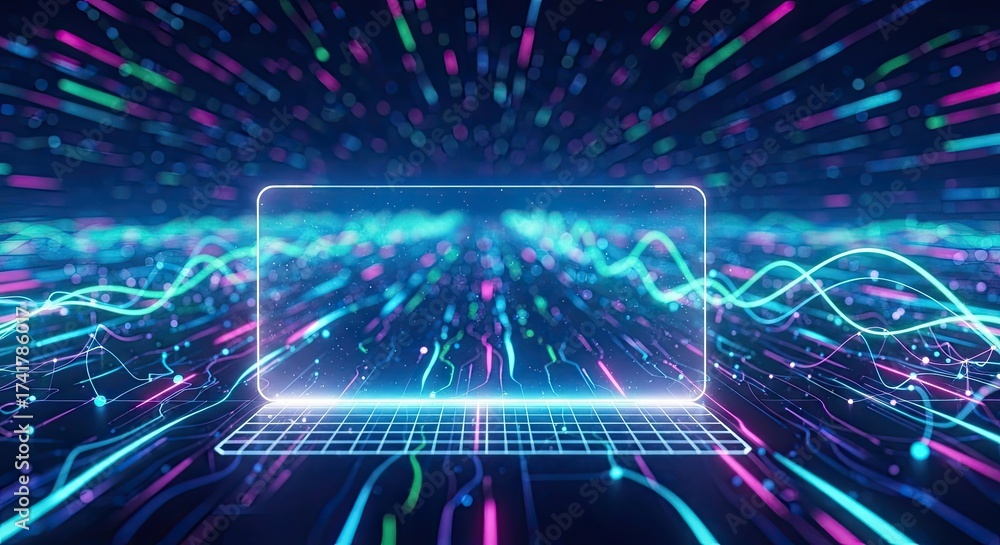 Obraz premium A glowing screen and colorful light trails in a futuristic, digital environment.