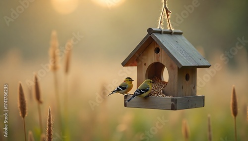  wooden bird feeder filled with thistle seeds hanging in a misty morning meadow, soft blurred background of wildflowers and tall grasses, attracting goldfinches and siskins, created with generative ai
