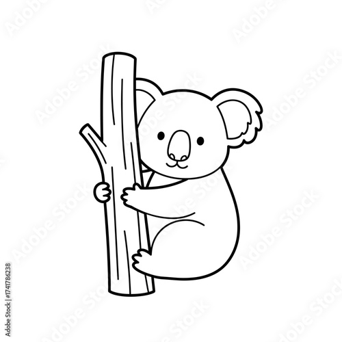 Cute Koala Bear Climbing Tree Trunk Line Art Cartoon Coloring Page Black and White Outline Vector Illustration