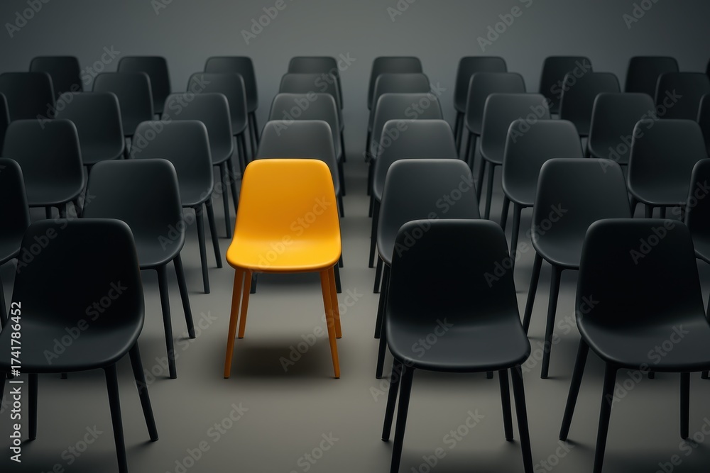 Naklejka premium Single yellow chair among rows of grey seats signaling standout leadership and innovation