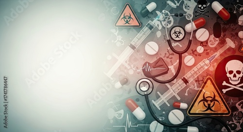 Medical icons and symbols on a colorful background.
