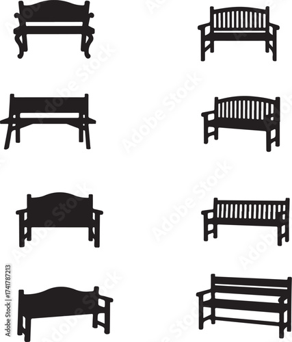 Collection of black park bench silhouettes on white background