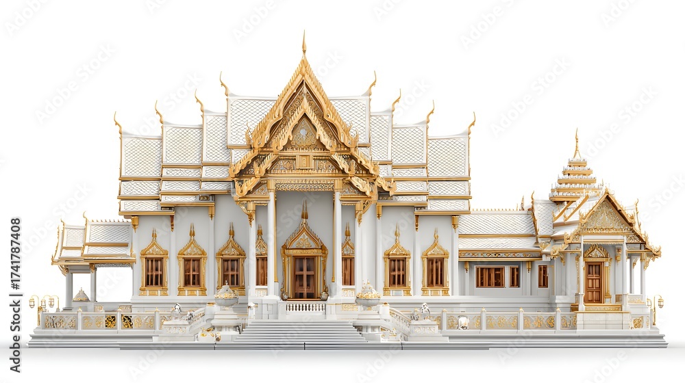 Fototapeta premium Ornate white and gold building showcases intricate architectural details of a religious structure; the detailed facade features elaborate carvings and a symmetrical design with a bright, clean...