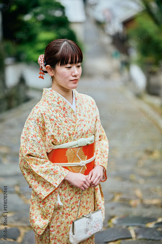 Fototapeta premium 石畳の坂道を歩く着物姿の女性
