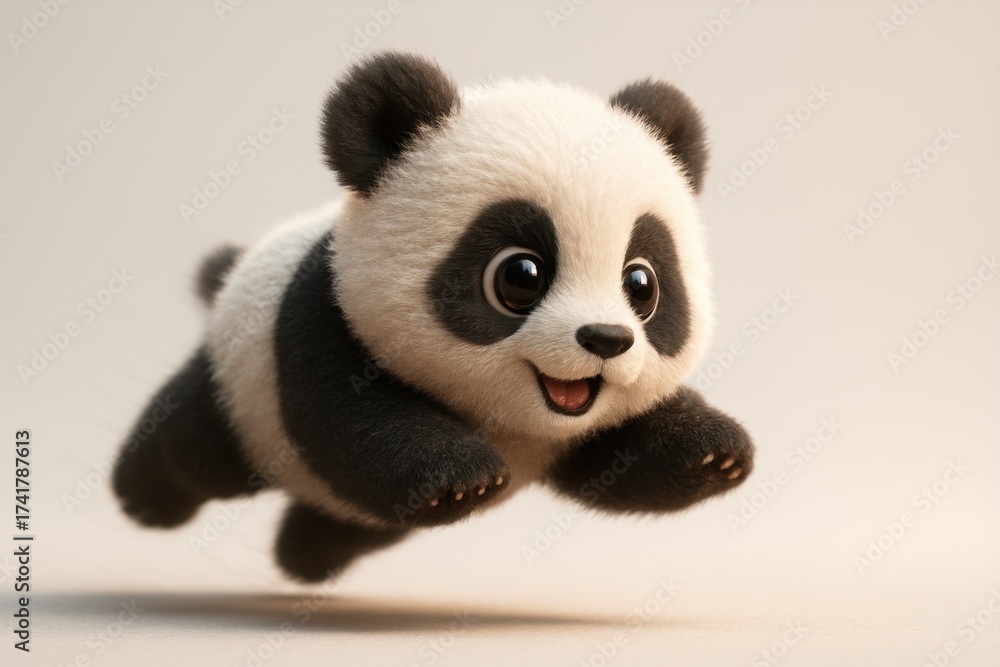 Obraz premium Adorable panda cub mid leap 3D character with plush fur and playful expression