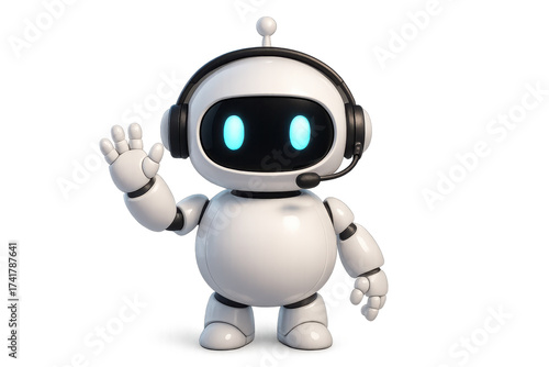 Friendly 3D chatbot mascot smiling with headset waving hand on transparent background