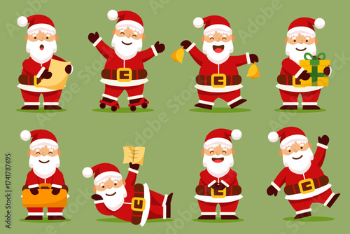 Set of funny cute Santa Claus characters with different poses, emotions, holiday situations isolated on white background.