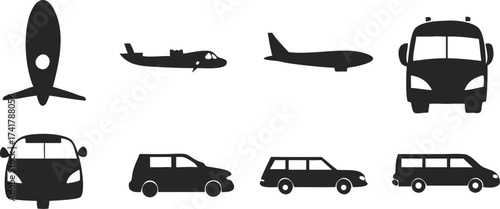 Transportation and Vehicle Icons Set Featuring Airplane, Car, Bus, and Rocket Silhouettes