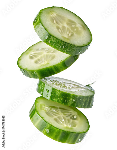 Fresh cucumber slices falling in mid-air with water droplets