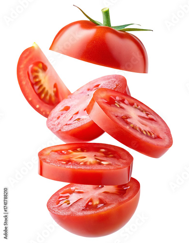 Fresh sliced tomatoes levitating delicious ripe red produce healthy food ingredient